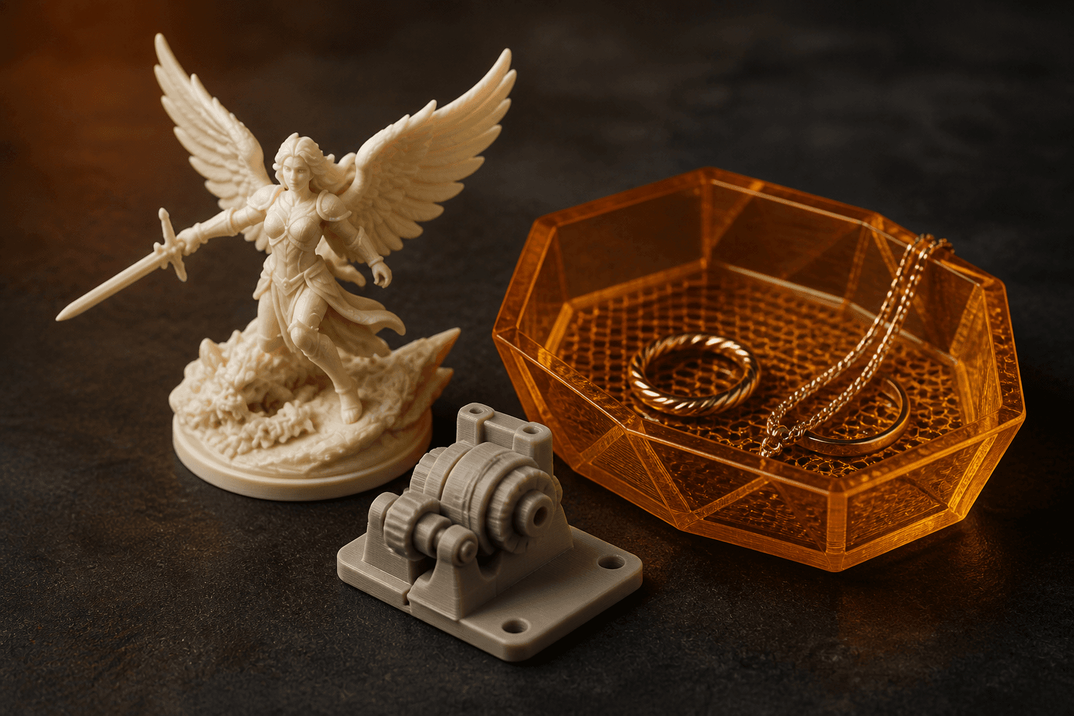 Examples of detailed 3D prints: a miniature, mechanical prototype and decorative tray