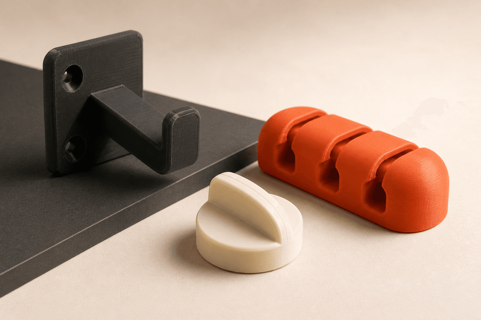 Examples of functional 3D prints: a mount, cable organiser and replacement knob